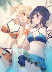 2girls :d asaka_karin beach bikini black_bikini blue_bikini blue_nails breasts cleavage commentary cowboy_shot criss-cross_halter diverdiva frilled_bikini frills halterneck heart heart_print highres holding_hands interlocked_fingers love_live! love_live!_nijigasaki_high_school_idol_club lying medium_breasts mismatched_bikini miyashita_ai multiple_girls o-ring o-ring_top official_alternate_costume on_back open_mouth orange_bikini orange_sarong outdoors print_bikini print_sarong sarong shimada_(smd_dms) smile swimsuit teeth upper_teeth_only