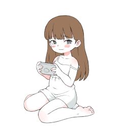 Rule 34 | 1girl, :3, barefoot, black eyes, blunt bangs, blush, borrowed character, brown hair, child gf (orenji), closed mouth, collarbone, commentary, dress, english commentary, feet, full body, handheld game console, highres, holding, holding handheld game console, long hair, looking at viewer, original, qtkat, simple background, single off shoulder, sitting, sleeveless, sleeveless dress, smug, solo, wariza, white background, white dress