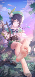 Rule 34 | 1boy, barefoot, black hair, blue eyes, braid, cape, cloud, cloudy sky, collared cape, crossed legs, feet, flower, foot focus, foreshortening, frilled sleeves, frills, genshin impact, gradient hair, grass, green cape, green headwear, green shorts, highres, icecake, long sleeves, looking at viewer, lyre, multicolored hair, shoes, unworn shoes, short hair with long locks, shorts, sitting, sky, soles, solo, toes, venti (genshin impact), wet