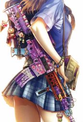 Rule 34 | 1girl, absurdres, assault rifle, bag, bloom, bracelet, brown hair, food, gun, hand on own hip, head out of frame, heart, highres, hiroe rei, ice cream, jewelry, charm (object), long hair, m4 carbine, monkey, plaid, plaid skirt, pleated skirt, rifle, scan, school uniform, shoulder bag, simple background, skirt, solo, thighs, weapon, white background