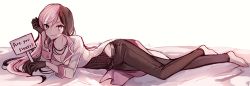 Rule 34 | 1girl, bad id, bad twitter id, barefoot, bead necklace, beads, breasts, brown hair, cleavage, commentary request, ecru, english text, heterochromia, jewelry, korean commentary, looking at viewer, lying, multicolored hair, necklace, neo politan, on bed, pink hair, rwby, sign, solo, split-color hair