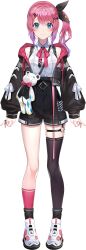 Rule 34 | 1girl, alicecoco, asymmetrical legwear, black jacket, black shorts, blue eyes, closed mouth, full body, hair ornament, hairclip, hand on own hip, high-waist shorts, highres, holding, holding stuffed toy, jacket, kuramochi meruto, kuramochi meruto (1st costume), layered legwear, long sleeves, looking at viewer, nijisanji, o-ring, o-ring thigh strap, official art, one side up, open clothes, open jacket, pink hair, rene (kuramochi meruto), shirt, shoes, short shorts, shorts, single sock, single thighhigh, smile, socks, solo, standing, stuffed animal, stuffed toy, tachi-e, teddy bear, thigh strap, thighhighs, transparent background, uneven legwear, virtual youtuber, white footwear, white shirt
