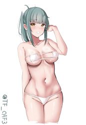Rule 34 | 1girl, alternate costume, bikini, breasts, cleavage, commentary request, cowboy shot, eyepatch bikini, green hair, grin, highres, kantai collection, medium breasts, medium hair, navel, one-hour drawing challenge, simple background, smile, solo, swimsuit, tf cafe, twitter username, white background, white bikini, yellow eyes, yuubari (kancolle)