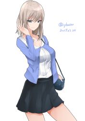 Rule 34 | 10s, 1girl, absurdres, adjusting hair, bag, black skirt, blue sweater, cardigan, carrying, casual, closed mouth, commentary, cowboy shot, dated, frown, girls und panzer, handbag, highres, irukatto, itsumi erika, long hair, looking at viewer, miniskirt, open cardigan, open clothes, pleated skirt, shirt, simple background, skirt, solo, standing, sweater, twitter username, white background, white shirt