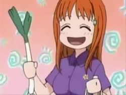 Rule 34 | 00s, animated, anime screenshot, bag, bleach, blush, breasts, closed eyes, collared shirt, food, gradient background, hair ornament, holding, holding bag, holding food, holding spring onion, holding vegetable, inoue orihime, large breasts, leekspin (meme), lowres, meme, music, open mouth, orange background, orange hair, purple background, purple shirt, screencap, shirt, sound, spring onion, tagme, talking, vegetable, video