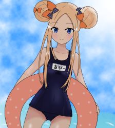 Rule 34 | 1girl, abigail williams (fate), atsumisu, bad id, bad pixiv id, bare arms, bare shoulders, black bow, blonde hair, blue eyes, blue one-piece swimsuit, blue sky, blush, bow, breasts, closed mouth, cloud, cloudy sky, collarbone, commentary request, covered navel, cowboy shot, day, double bun, dutch angle, fate/grand order, fate (series), forehead, gluteal fold, hair bow, hair bun, highres, innertube, long hair, name tag, old school swimsuit, one-piece swimsuit, orange bow, outdoors, parted bangs, polka dot, polka dot bow, school swimsuit, side bun, sidelocks, sky, small breasts, smile, solo, swim ring, swimsuit