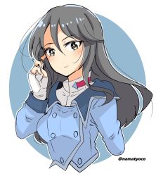Rule 34 | 1girl, alternate costume, blue jacket, blush, brown eyes, brown hair, closed mouth, commentary, cropped arms, double-breasted, dress shirt, fingerless gloves, girls und panzer, gloves, grey gloves, hand in own hair, high collar, highres, jacket, light blush, long hair, looking at viewer, mika (girls und panzer), military, military uniform, namatyoco, no headwear, no headwear, one-hour drawing challenge, outline, shirt, smile, solo, twig, uniform, upper body, white outline, white shirt