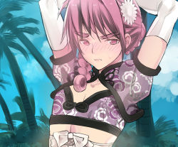 Rule 34 | 1boy, arms up, blue sky, blush, bow, braid, bush, chinese clothes, cloud, coin rand, corset, crossdressing, day, elbow gloves, eyebrows, flower, glaring, gloves, hair flower, hair ornament, male focus, nipples, original, palm tree, pink eyes, pink hair, side braid, sky, solo, trap, tree, waon (rand), white bow, white gloves