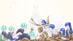 Rule 34 | 6+others, age progression, androgynous, aqua hair, ascot, bald, black necktie, blue eyes, blue hair, blunt bangs, bored, bowl cut, cracked skin, crying, crystal hair, curious, dandelion seed, facing viewer, gem uniform (houseki no kuni), golden arms, grass, halo, head rest, highres, hole in head, houseki no kuni, hunched over, liquid, looking at another, lying, moon uniform (houseki no kuni), multiple others, multiple persona, necktie, nogarenano, on ground, on stomach, other focus, outstretched arm, parted hair, phosphophyllite, phosphophyllite (10000), phosphophyllite (ll), ponytail, profile, puffy short sleeves, puffy sleeves, reaching, reclining, see-through, see-through sleeves, short hair, short sleeves, simple background, sitting, sparkle, spoilers, standing, straight hair, surprised, torn clothes, white ascot, white background, wide sleeves