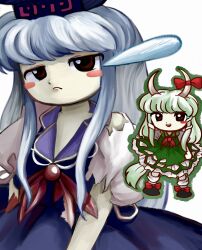Rule 34 | 1girl, absurdres, black footwear, blue dress, blue hair, blue headwear, blush stickers, bobby socks, bow, chibi, chibi inset, closed mouth, collared dress, dress, ex-keine, footwear bow, frown, green dress, green hair, green outline, highres, horn bow, horn ornament, horns, kamishirasawa keine, long hair, looking at viewer, multiple persona, neckerchief, open mouth, outline, puffy short sleeves, puffy sleeves, red bow, red eyes, red neckerchief, shoes, short sleeves, sidelocks, simple background, smile, socks, standing, teardrop, torn clothes, touhou, upper body, white background, white socks, yakumora n, zun (style)