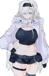 Rule 34 | 1girl, animal ears, arknights, aurora (arknights), aurora (elite ii) (arknights), bear ears, black gloves, black hairband, black shirt, black shorts, blue eyes, blush, breasts, cleavage, commentary, cowboy shot, crop top, eyes visible through hair, gloves, hair over one eye, hairband, hand on own hip, highres, infection monitor (arknights), kohaku sogo, large breasts, long hair, looking at viewer, midriff, navel, pouch, shirt, short shorts, shorts, shrug (clothing), silver hair, simple background, smile, solo, standing, stomach, thigh strap, thighs, very long hair, white background