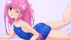Rule 34 | 1girl, absurdres, blue one-piece swimsuit, collarbone, commentary request, competition school swimsuit, covered erect nipples, feet out of frame, flat chest, hair ribbon, highres, long hair, looking at viewer, lying, on stomach, one-piece swimsuit, one eye closed, original, purple eyes, ribbon, school swimsuit, smile, solo, sugimura tomokazu, swimsuit, two side up, wallpaper, yellow ribbon