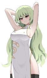 1girl absurdres armpits arms_behind_head arms_up black_thighhighs breasts china_dress chinese_clothes clothing_cutout commentary cowboy_shot dress green_hair highres honkai_(series) honkai_impact_3rd long_hair looking_down marin_liekuriva medium_breasts mobius_(honkai_impact) multicolored_eyes pelvic_curtain side-tie_dress simple_background sleeveless sleeveless_dress slit_pupils smile solo thighhighs white_background white_dress