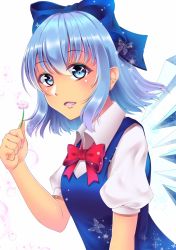 Rule 34 | 1girl, blue bow, blue dress, blue eyes, blue hair, blush, bow, bowtie, breasts, bug, butterfly, cirno, commentary request, dress, flower, hair between eyes, hair bow, hand up, highres, holding, holding flower, ice, ice wings, insect, looking at viewer, open mouth, pinafore dress, pink flower, puffy short sleeves, puffy sleeves, red bow, red bowtie, shirt, short hair, short sleeves, sidelocks, simple background, sleeveless dress, small breasts, solo, sparkle, tachiaoi (r1921l), tan, tanned cirno, touhou, upper body, white background, white shirt, wing collar, wings