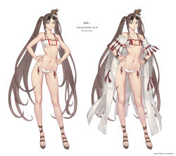 Rule 34 | 1girl, bare shoulders, bikini, bikini bridge, blush, breasts, breasts apart, brown eyes, brown hair, cleavage, collarbone, eyebrows hidden by hair, eyewear on head, fate/grand order, fate (series), full body, gluteal fold, groin, hair ornament, hands on own hips, highres, ki min-woo, long hair, looking at viewer, lowleg, lowleg bikini, medium breasts, midriff, multiple views, navel, open clothes, parted lips, revealing clothes, robe, sidelocks, standing, stomach, sunglasses, swimsuit, thigh gap, twintails, underboob, very long hair, white background, white bikini, white robe, wrist wrap, yu mei-ren (fate), yu mei-ren (swimsuit lancer) (fate)