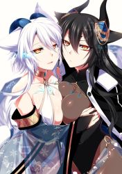 Rule 34 | 2girls, animal ears, black dress, black gloves, black hair, breast press, breasts, bridal gauntlets, closed mouth, collar, dated, detached sleeves, dress, gem, gloves, glowing horns, hair between eyes, hair ornament, horns, jewelry, konshin, large breasts, looking at viewer, multiple girls, o-ring, orange eyes, original, parted lips, red eyes, see-through, signature, simple background, slit pupils, smile, standing, white background