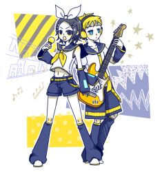Rule 34 | 177, 2boys, :o, ambiguous gender, androgynous, belt, black hair, blonde hair, blue eyes, bow, cosplay, crossdressing, earbuds, earphones, gopher (soul eater), guitar, hair ornament, hairclip, instrument, justin law, kagamine len, kagamine len (cosplay), kagamine rin, kagamine rin (cosplay), looking at viewer, male focus, microphone, multiple boys, music, navel, necktie, open mouth, short hair, shorts, simple background, singing, soul eater, trap, vocaloid