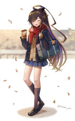Rule 34 | 1girl, :d, ahoge, autumn, bag, black footwear, black jacket, black socks, blue skirt, blush, brown vest, closed eyes, coffee cup, cup, disposable cup, falling leaves, highres, holding, holding bag, holding cup, huge ahoge, jacket, leaf, long hair, looking at viewer, miniskirt, nanamo yado, open mouth, pleated skirt, red scarf, saki fuwa (tower of fantasy), scarf, school uniform, shoes, skirt, smile, socks, solo, tower of fantasy, very long hair, vest