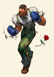 Rule 34 | 1boy, black hair, bow, bowtie, boxing, boxing gloves, brown footwear, capcom, dark-skinned male, dark skin, dress shirt, dudley, facial hair, fighting stance, flower, full body, green legwear, hungry clicker, male focus, manly, muscular, mustache, pants, red flower, rose, shirt, shoes, sleeves rolled up, solo, street fighter, street fighter iii (series), suspenders