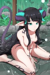 Rule 34 | 1girl, absurdres, aqua eyes, artist name, blunt bangs, breasts, closed mouth, demon, demon girl, demon horns, demon tail, hair censor, highres, horns, long hair, medium breasts, nude, obakeart, original, outdoors, partially submerged, pointy ears, refraction, rock, sitting, smile, solo, tail, tattoo, v arms, very long hair, wariza, water, waterfall