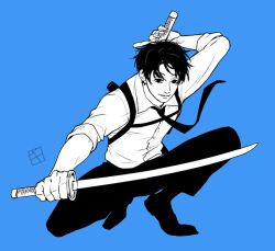 Rule 34 | 1boy, artist logo, black footwear, black necktie, black pants, blue background, chainsaw man, chest belt, collared shirt, dual wielding, ear piercing, floating neckwear, greyscale with colored background, holding, holding sword, holding weapon, katana, kishibe (chainsaw man), kishibe (young) (chainsaw man), kitunejima, looking at viewer, male focus, necktie, pants, piercing, shirt, shirt tucked in, simple background, sleeves rolled up, solo, squatting, sword, weapon, white shirt