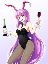Rule 34 | 1girl, animal ears, bare arms, bare shoulders, between breasts, black pantyhose, bottle, breasts, cleavage, cup, detached collar, drinking glass, fishnet pantyhose, fishnets, gradient background, highleg, highleg leotard, isaki (gomi), leotard, long hair, necktie, necktie between breasts, open mouth, pantyhose, pink eyes, playboy bunny, purple hair, rabbit ears, rabbit girl, rabbit tail, reisen udongein inaba, smile, solo, tail, touhou, very long hair, wine bottle, wine glass, wrist cuffs