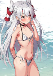 Rule 34 | 1girl, alternate costume, amatsukaze (kancolle), arms behind back, bare arms, bare legs, bare shoulders, bikini, blush, breasts, brown eyes, choker, closed mouth, commentary, cowboy shot, front-tie bikini top, front-tie top, hair between eyes, hair tubes, highres, kantai collection, long hair, navel, revision, side-tie bikini bottom, skindentation, small breasts, solo, string bikini, swimsuit, takanashi kei (hitsujikan), two side up, water, white bikini, white hair