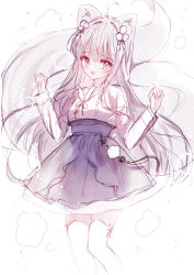Rule 34 | 1girl, absurdres, ahoge, animal ear fluff, animal ears, black skirt, commentary request, grey eyes, grey hair, hair between eyes, hands up, highres, long hair, long sleeves, looking at viewer, open mouth, original, shirt, sketch, skirt, solo, tail, tandohark, thighhighs, very long hair, white shirt, white thighhighs