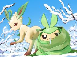 Rule 34 | :&lt;, brown eyes, closed mouth, cold, commentary request, creatures (company), day, frown, game freak, gen 4 pokemon, gen 5 pokemon, leafeon, mukiguri, nintendo, no humans, nose bubble, outdoors, pokemon, pokemon (creature), sideways glance, sky, snow, swadloon, trembling