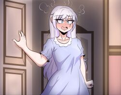 Rule 34 | 1girl, blue eyes, blue nightgown, blush, breasts, clenched hand, collarbone, hair between eyes, head steam, highres, kinathefox, long hair, nightgown, open mouth, opening door, rwby, scar, scar across eye, sidelocks, small breasts, solo, standing, weiss schnee, white hair