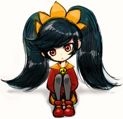 Rule 34 | 1girl, ashley (warioware), black hair, black pantyhose, child, dress, expressionless, female focus, full body, head tilt, hodoyoi, knees to chest, legs together, long hair, neckerchief, nintendo, orange neckerchief, own hands together, pantyhose, red eyes, simple background, sitting, solo, twintails, very long hair, warioware, white background