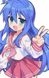 Rule 34 | 1girl, :d, ahoge, blue eyes, blue hair, blush, cowboy shot, hand up, highres, izumi konata, long hair, long sleeves, looking at viewer, lucky star, neckerchief, open mouth, pleated skirt, red neckerchief, red sailor collar, red skirt, sailor collar, school uniform, serafuku, shirt, simple background, skirt, smile, solo, straight hair, umipi, v, white background, white shirt