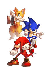 Rule 34 | 3boys, animal ears, animal nose, blonde hair, blue eyes, blue fur, bluekomadori, clenched hands, commentary, commentary request, english commentary, fox boy, fox ears, fox tail, furry, furry male, gloves, green eyes, highres, knuckles the echidna, looking at viewer, looking to the side, looking up, male focus, multiple boys, multiple tails, open mouth, outstretched arm, pointing, red eyes, red footwear, red fur, shoes, simple background, smile, sonic (series), sonic the hedgehog, spikes, tail, tails (sonic), teeth, white background, white gloves, yellow fur