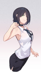 Rule 34 | 1girl, arm at side, arm up, bare arms, bare shoulders, black choker, black hair, black ribbon, black skirt, blouse, breasts, chainsaw man, choker, collared shirt, gradient background, green eyes, hair over one eye, head tilt, highres, looking at viewer, looking to the side, medium breasts, medium hair, miniskirt, nian (zhanian), pencil skirt, reze (chainsaw man), ribbon, shirt, short hair, simple background, skirt, sleeveless, sleeveless shirt, small breasts, smile, smirk, solo, upper body, white background, white shirt
