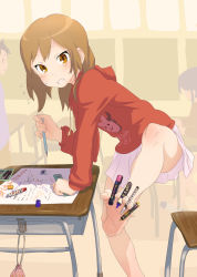 Rule 34 | 1girl, barefoot, between toes, brown eyes, brown hair, censored, clenched teeth, convenient censoring, convenient leg, desk, drawing, feet, holding with feet, highres, hood, hoodie, kyoudyu, legs, marker, markers, miniskirt, original, pencil, pencil sharpener, pleated skirt, ruler, short hair, skirt, soles, solo, sweatdrop, sweater, teeth, toes, white skirt, writing