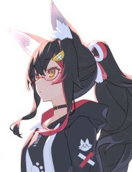 Rule 34 | 1girl, animal ear fluff, animal ears, black collar, black hair, black hoodie, blush, closed mouth, collar, commentary, glasses, hair ornament, hairclip, hololive, hood, hoodie, izumi sai, kouhaku nawa, long hair, long sleeves, multicolored hair, ookami mio, ookami mio (casual), ponytail, red-framed eyewear, red hair, rope, semi-rimless eyewear, shimenawa, simple background, solo, streaked hair, symbol-only commentary, under-rim eyewear, upper body, virtual youtuber, white background, wolf ears, wolf girl, yellow eyes
