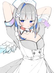 Rule 34 | 1girl, amane kanata, amane kanata (nurse), angel wings, apron, arm up, arms behind back, bandaged arm, bandages, blue eyes, blush, collared shirt, colored inner hair, commentary request, detached collar, dress, feathered wings, flat chest, grey dress, grey hair, hair ornament, hat, highres, hololive, kuma no bansoukou, looking at viewer, multicolored hair, nurse, nurse cap, official alternate costume, official alternate hair length, official alternate hairstyle, puffy short sleeves, puffy sleeves, purple eyes, shirt, short sleeves, simple background, solo, star (symbol), star hair ornament, underbust, virtual youtuber, white apron, white background, white wings, wing collar, wings
