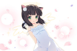 Rule 34 | 1girl, :p, angel wings, animal ear fluff, animal ears, arms behind back, azur lane, black hair, cat ears, commentary request, dress, flower, green eyes, halo, highres, low twintails, mutsuki (azur lane), petals, pink background, ribbon, short hair, short twintails, simple background, smile, solo, sundress, tongue, tongue out, tsukimi (xiaohuasan), twintails, upper body, white dress, wings