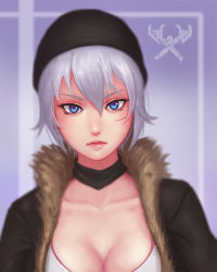 Rule 34 | 1girl, blue eyes, breasts, cleavage, collarbone, eliskalti, fur trim, hat, jacket, league of legends, leather, leather jacket, lips, looking at viewer, nose, portrait, realistic, sejuani, shirt, short hair, solo