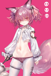 Rule 34 | 1girl, absurdres, animal ear fluff, animal ears, arknights, closed mouth, collarbone, cowboy shot, crop top, female focus, fingernails, fox ears, fox girl, fox tail, frown, groin, hair ornament, heart, heart-shaped pupils, highres, holding, long hair, long sleeves, looking at viewer, navel, no bra, no pants, open clothes, open shirt, panties, pantyhose, pink background, pink hair, pink panties, pottsness, red eyes, shaded face, shamare (arknights), sharp fingernails, shirt, simple background, skindentation, solo, stomach, stuffed animal, stuffed toy, symbol-shaped pupils, tail, thigh strap, torn clothes, torn shirt, twintails, underwear, v-shaped eyebrows, white pantyhose, white shirt