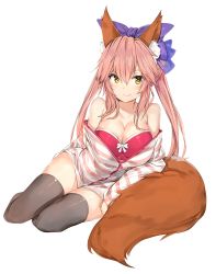 Rule 34 | 1girl, animal ears, artist request, bow, breasts, cleavage, closed mouth, eyebrows, fang, fate/extra, fate/grand order, fate (series), fox ears, fox girl, fox tail, hair bow, hair ornament, highres, kitsune, looking at viewer, non-web source, pink hair, silver (chenwen), smile, tail, tamamo (fate), tamamo no mae (fate/extra), tamamo no mae (spring casual) (fate), yellow eyes
