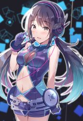 Rule 34 | 10s, 1girl, bad id, bad twitter id, bare shoulders, black hair, blush, breasts, brown eyes, cleavage, gloves, headphones, headset, idolmaster, idolmaster cinderella girls, idolmaster cinderella girls starlight stage, long hair, medium breasts, nakano yuka, navel, open mouth, see-through, short shorts, shorts, smile, solo, standing, subwoofer, twintails, ultone (neisiss)