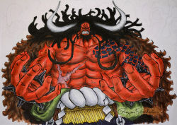 Rule 34 | 1boy, abs, alternate skin color, angry, annoyed, beard, black hair, coat, colored skin, curly hair, facial hair, giant, horns, japanese clothes, kaidou (one piece), kimono, male focus, muscular, muscular arms, muscular male, no shirt, one piece, oni, pectorals, red skin, scar, solo, tattoo, veins