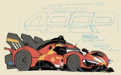 Rule 34 | artist name, brown background, car, commentary, english commentary, english text, ferrari, ferrari 499p, from side, highres, le mans prototype, motor vehicle, no humans, original, race vehicle, racecar, radio antenna, solo, vehicle focus, vehicle name, will pierce