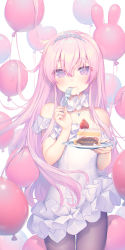 Rule 34 | 1girl, absurdres, balloon, bare shoulders, brown pantyhose, cake, cake slice, closed mouth, commentary request, dress, food, fork, frilled dress, frills, fruit, hair between eyes, hands up, heart, highres, holding, holding fork, holding plate, jewelry, kaito (k4itoh), long hair, off-shoulder dress, off shoulder, original, pantyhose, pendant, pink hair, plate, purple eyes, simple background, solo, standing, strawberry, strawberry shortcake, tiara, very long hair, white background, white dress