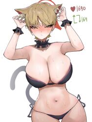 Rule 34 | 1girl, animal ears, armpits, arms up, bare shoulders, bell, bikini, black bikini, blonde hair, blue archive, blush, breasts, cat ears, cat girl, cat tail, choker, cleavage, closed mouth, collarbone, cowboy shot, female focus, huge breasts, k8on, kemonomimi mode, large breasts, like and retweet, looking at viewer, marina (blue archive), side-tie bikini bottom, simple background, solo, stomach, sweat, swimsuit, tail, white background