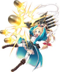 Rule 34 | 1girl, :d, antenna hair, blonde hair, blue eyes, boots, brown footwear, full body, hair ribbon, holding, holding weapon, kekemotsu, long hair, low-tied long hair, midriff, navel, official art, open mouth, oshiro project:re, oshiro project:re, pleated skirt, ribbon, shiryoukaku (oshiro project), skirt, smile, solo, thighhighs, transparent background, weapon, white thighhighs