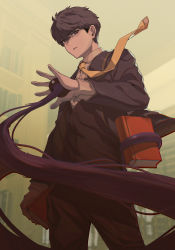 Rule 34 | 1boy, absurdres, black eyes, blurry, blurry foreground, book, book eater, brown eyes, brown hair, building, chromatic aberration, cover, cover page, creature, film grain, highres, holding, holding book, jin rou, looking at viewer, male focus, necktie, novel cover, novel illustration, official art, one-eyed, open hand, open mouth, orange necktie, outdoors, parted lips, school uniform, tentacles, textless version, wind