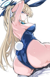 Rule 34 | 1boy, 1girl, animal ears, arm behind head, armpits, ass, bare back, bare shoulders, blonde hair, blue archive, blue eyes, blue leotard, breasts, cle masahiro, cleavage, closed mouth, detached collar, fake animal ears, fake tail, from behind, halo, highres, leotard, long hair, looking at viewer, medium breasts, official alternate costume, rabbit ears, rabbit tail, sideboob, sitting, sitting on person, solo focus, sweat, tail, toki (blue archive), toki (bunny) (blue archive)