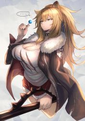Rule 34 | ..., 1girl, animal ears, arknights, black choker, black jacket, black nails, breasts, brown eyes, brown hair, candy, choker, cleavage, commentary request, food, grey background, hand up, highres, holding, holding food, jacket, large breasts, lion ears, lollipop, long hair, long sleeves, nail polish, ohako (ohako1818), partial commentary, red shorts, shirt, short shorts, shorts, siege (arknights), solo, spoken ellipsis, white shirt